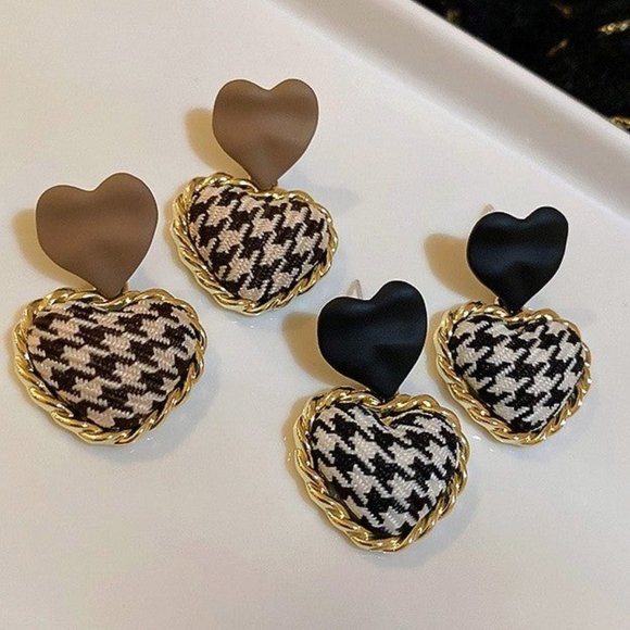 Jewelry - Heart Hounds Tooth Fabric Stud Earrings